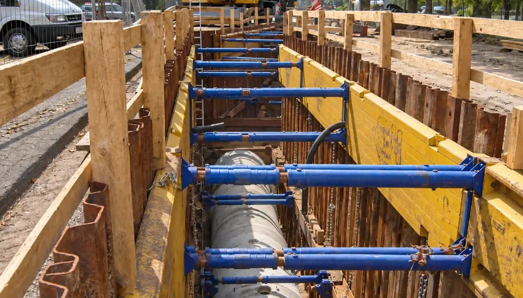 Steel shoring supporting the sides of a construction excavation
