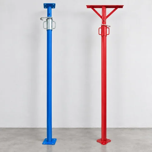 Adjustable steel props with flat plate and T-head configurations