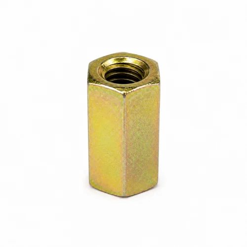 Hex connector nut with a yellow finish and visible internal thread