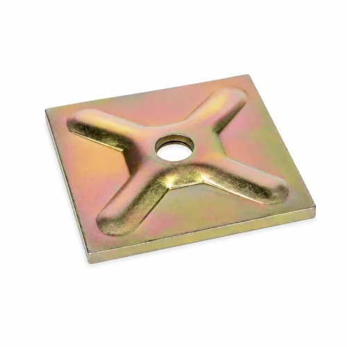 Tie rod washer plate with centre hole and pressed ribs